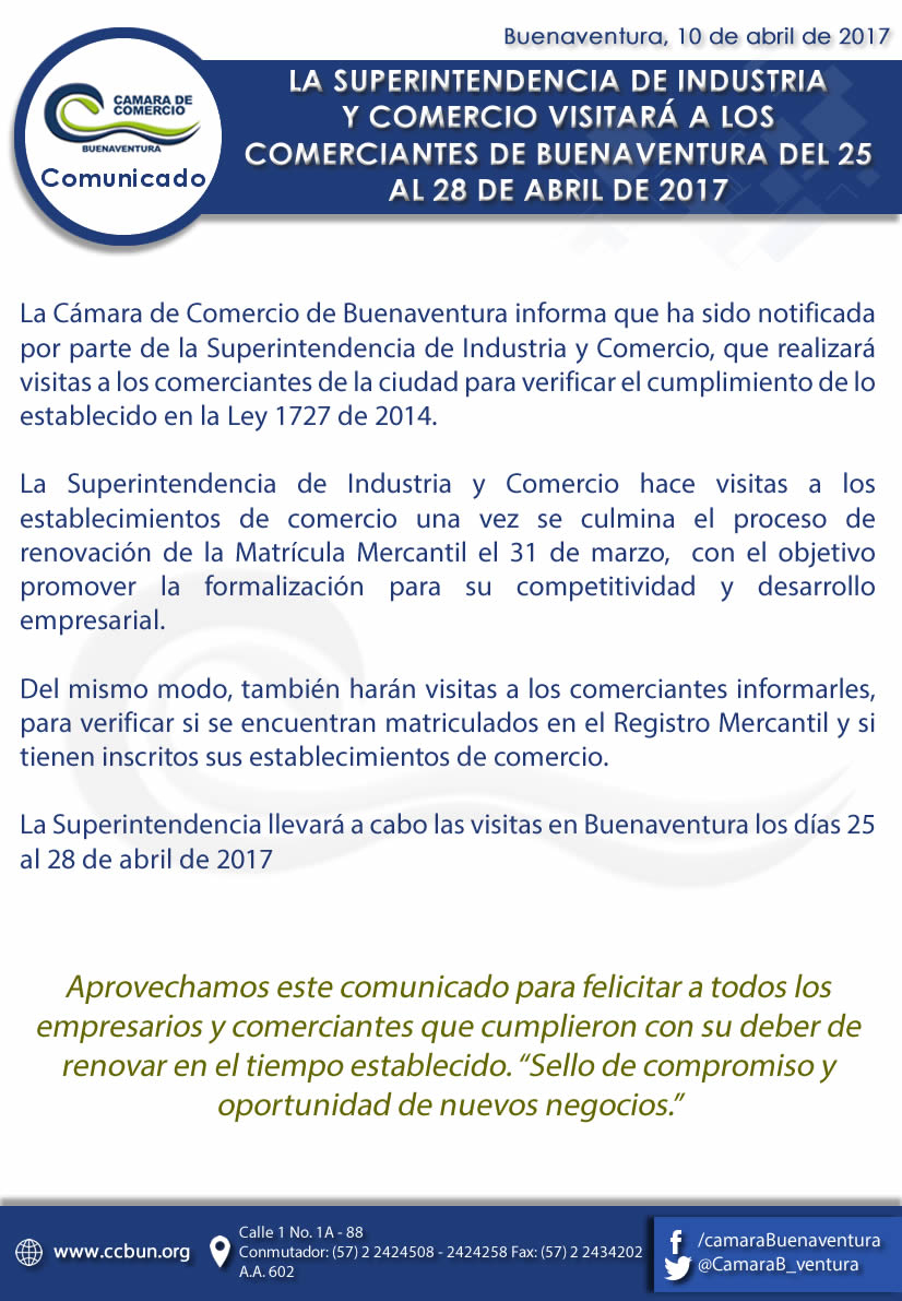 La Superintendencia de Industria y Comercio visitará a los comerciantes de Buenaventura del 25 al 28 de abril de 2017
