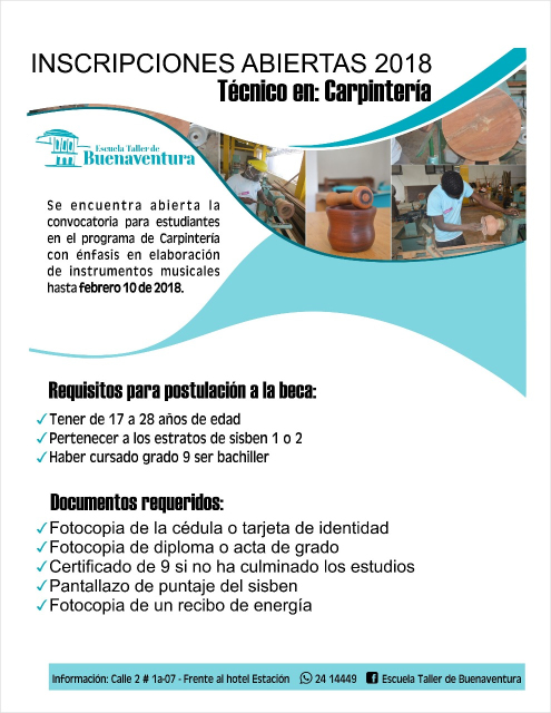 Inscripciones para Técnico Laboral en Carpintería en la Escuela Taller de Buenaventura 
