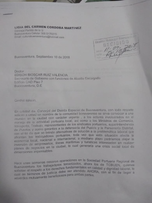 La concejal Ligia del Carmen Córdoba solicita al Alcalde encargado reunión de alto nivel para tratar problemática de los trabajadores portuarios