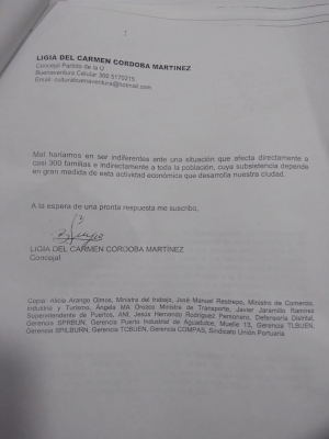 La concejal Ligia del Carmen Córdoba solicita al Alcalde encargado reunión de alto nivel para tratar problemática de los trabajadores portuarios
