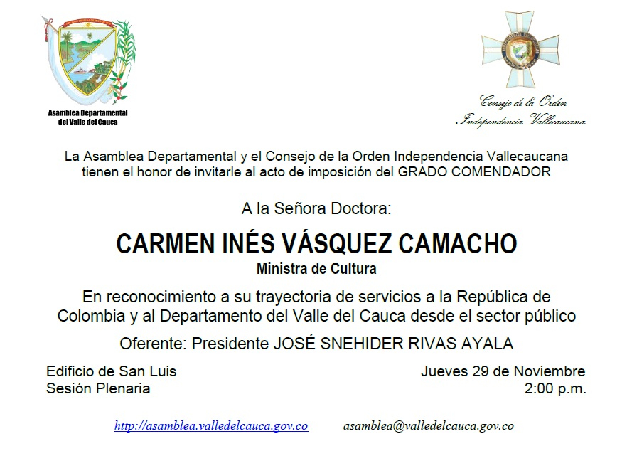 Asamblea departamental impondrá Orden Independencia Vallecaucana a la Ministra de Cultura