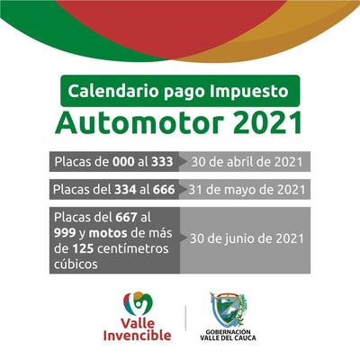 Listo el calendario de pago del Impuesto Automotor para la vigencia 2021