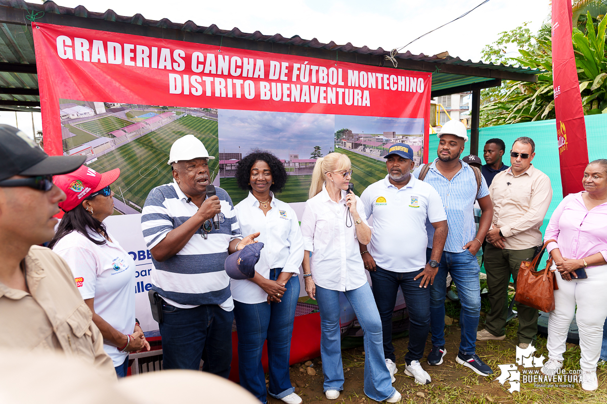 Gobernadora del Valle y Alcaldesa de Buenaventura iniciaron simb&oacute;licamente la construcci&oacute;n de grader&iacute;as en la cancha del barrio Montechino 