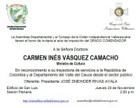 Asamblea Departamental impondrá Orden Independencia Vallecaucana a la Ministra de Cultura