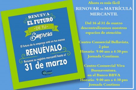 Renueve su Matrícula Mercantil en los puntos descentralizados de la Cámara de Comercio
