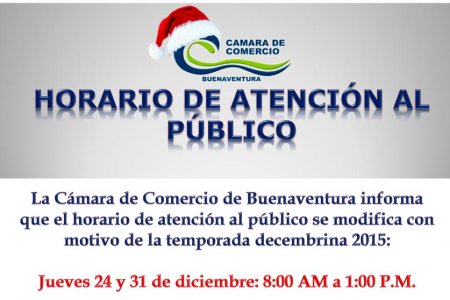 Cámara de Comercio cambia los horarios de atención al público el 24 y 31 de diciembre