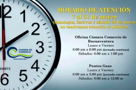 Horarios de atención en la Cámara de Comercio de Buenaventura en marzo de 2016