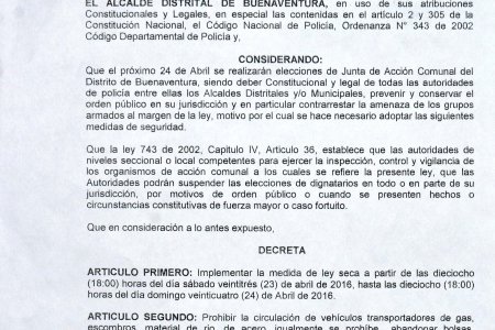 Alcalde decretó Ley Seca durante el fin de semana por elecciones de las Juntas de Acción Comunal
