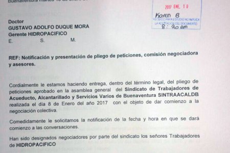 Trabajadores de Hidropacífico crean sindicato y presentan pliego de peticiones a la empresa