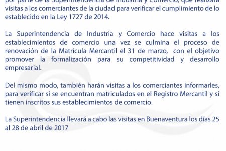 La Superintendencia de Industria y Comercio visitará a los comerciantes de Buenaventura del 25 al 28 de abril de 2017