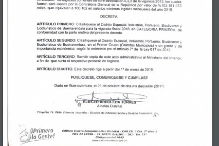 El Distrito de Buenaventura se clasifica en la categoría primera para la vigencia fiscal 2018