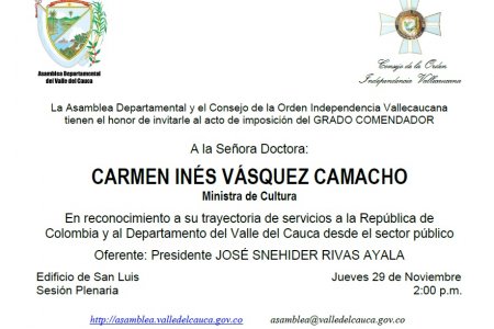 Asamblea Departamental impondrá Orden Independencia Vallecaucana a la Ministra de Cultura
