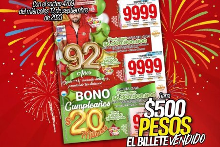 En su sorteo 4709 del 13 septiembre la Lotería del Valle celebra sus 92 a&ntilde;os con un bono adicional por $ 20 millones