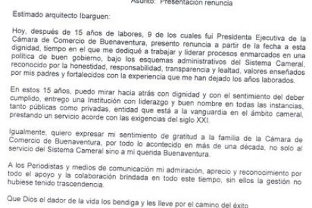 La Dra. Ana Mercedes Cano Restrepo presentó su renuncia a la Presidencia Ejecutiva de la Cámara de Comercio de Buenaventura