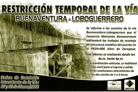 El 17 y 18 de marzo, habrá restricción temporal en la vía a Cali por ubicación de estructura en puente de altos de Zaragoza