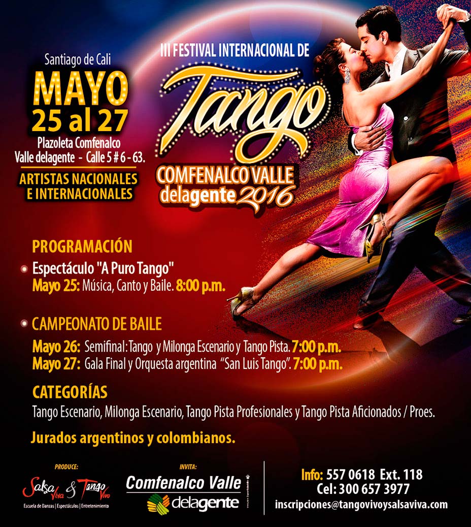 Bailarines profesionales y aficionados invitados a competir en el “III Festival Internacional de Tango - Comfenalco Valle delagente”