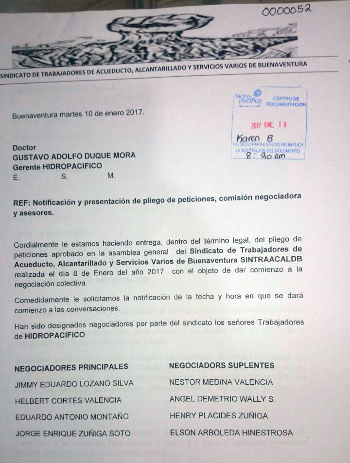 Trabajadores de Hidropacífico crean sindicato y presentan pliego de peticiones a la empresa