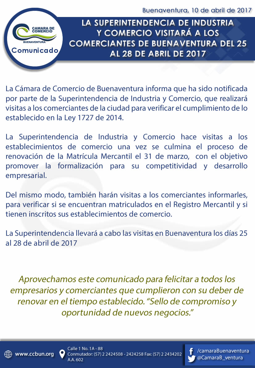 La Superintendencia de Industria y Comercio visitará a los comerciantes de Buenaventura del 25 al 28 de abril de 2017