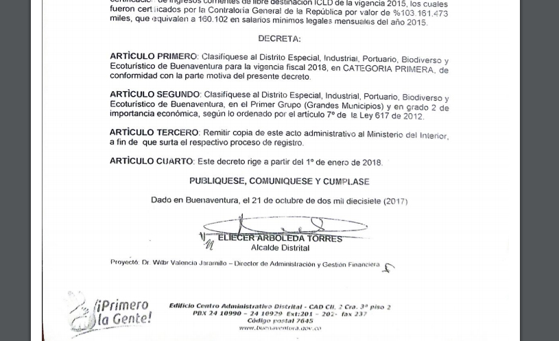 El Distrito de Buenaventura se clasifica en la categoría primera para la vigencia fiscal 2018