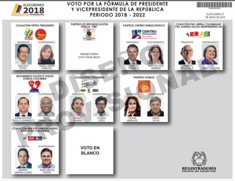 Este es el tarjetón de las elecciones presidenciales en primera vuelta