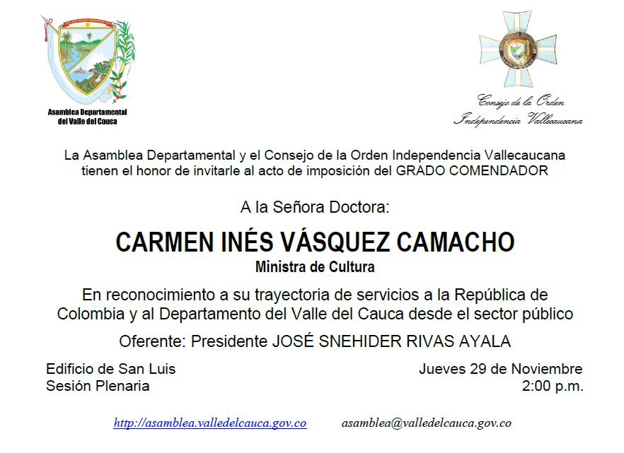 Asamblea Departamental impondrá Orden Independencia Vallecaucana a la Ministra de Cultura