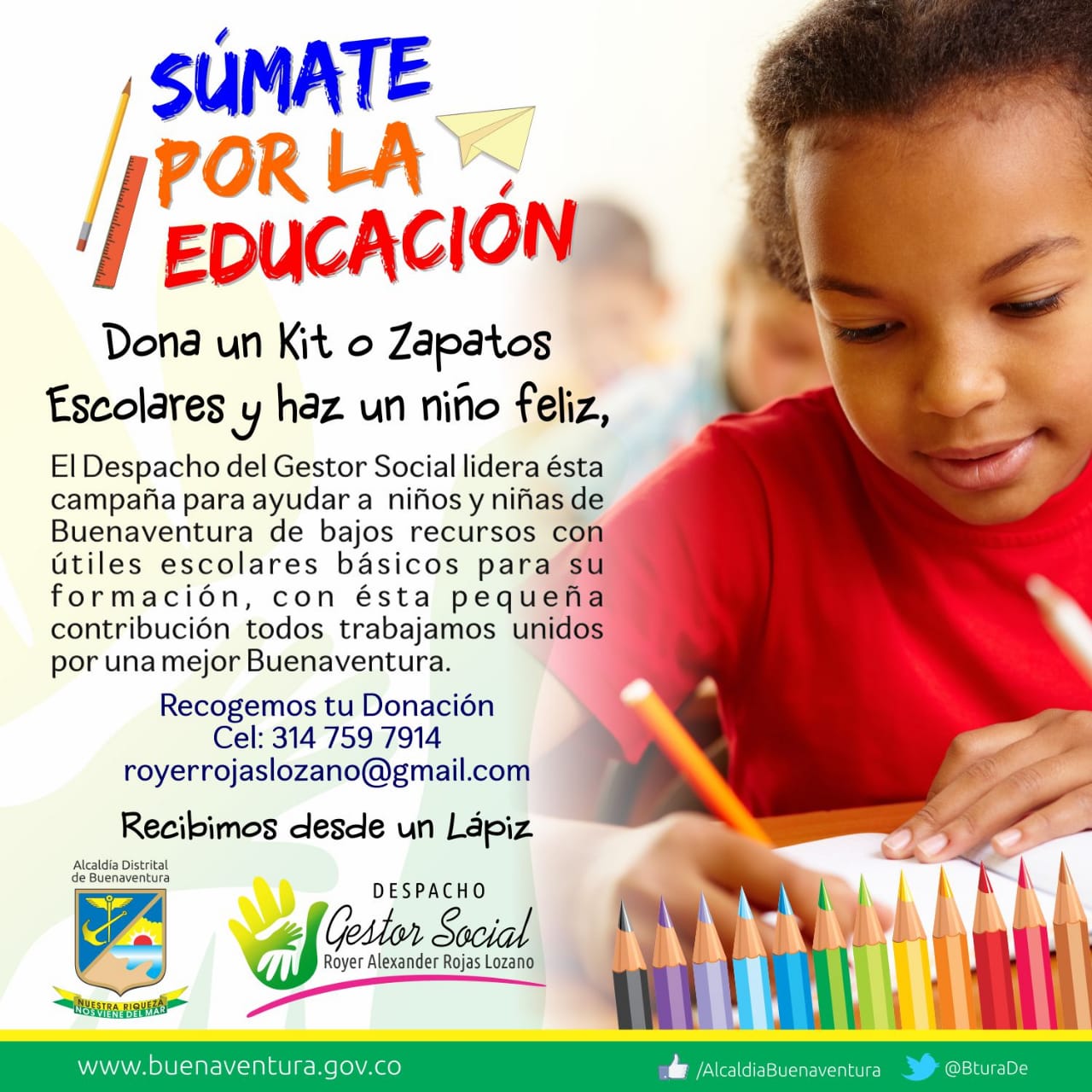 Gestor Social inició campa&ntilde;a para recolectar kits escolares y donarlos a menores de escasos recursos económicos en Buenaventura
