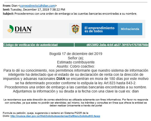 Alerta por una nueva versión de correo electrónico fraudulento a nombre de la DIAN