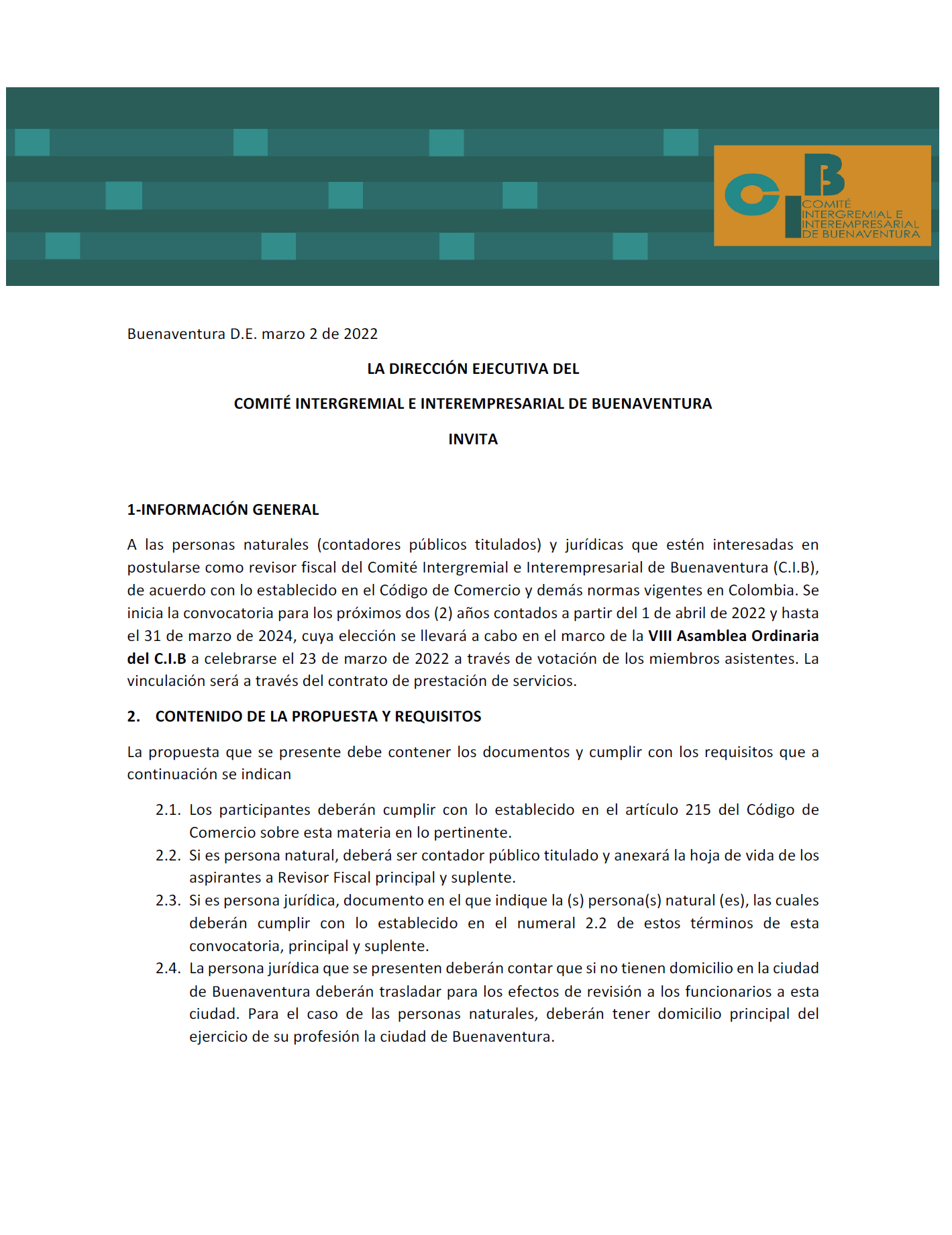 El Comité Intergremial e Interempresarial de Buenaventura abrió convocatoria para seleccionar Revisor Fiscal