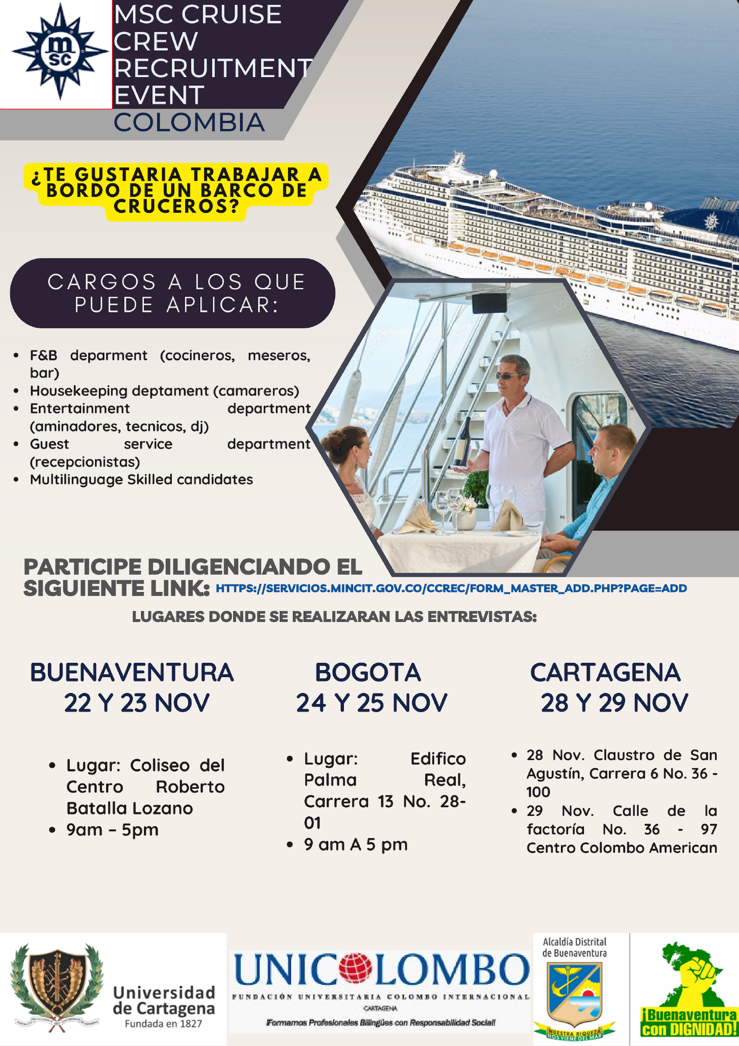 Se encuentra disponible para los bonaverenses el enlace de inscripción para aspirar a trabajar en Cruceros de la Línea MSC Cruises