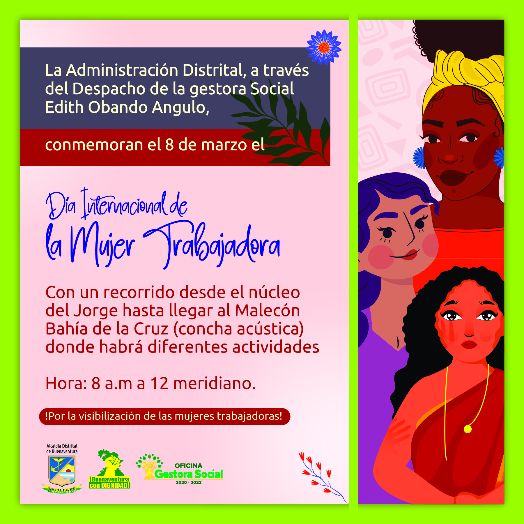 El Despacho de la Gestora Social de Buenaventura conmemorará con marcha y actividades el Día Internacional de la Mujer Trabajadora, el 8 de marzo de 2023