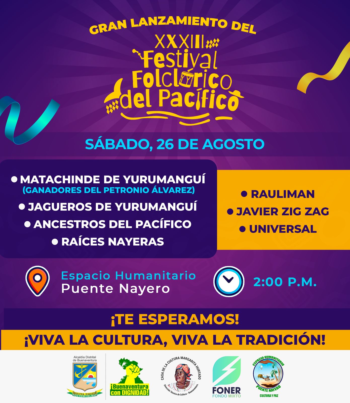 El sábado 26 de agosto de 2023 es el lanzamiento del Festival Folclórico del Pacífico en el Espacio Humanitario en el barrio La Playita