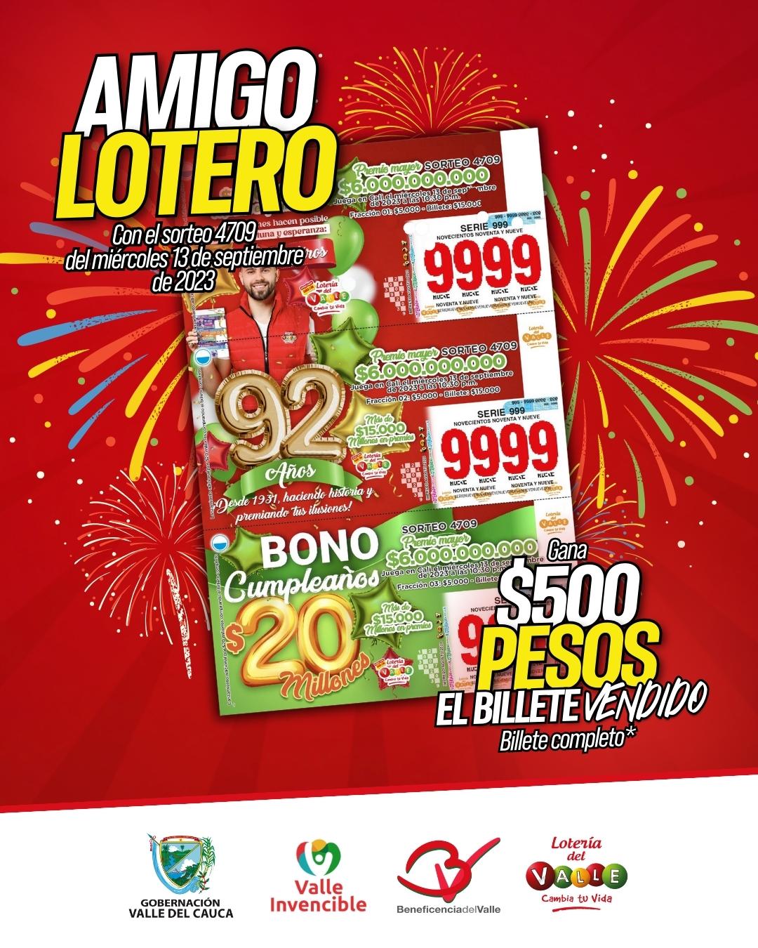 En su sorteo 4709 del 13 septiembre la Lotería del Valle celebra sus 92 a&ntilde;os con un bono adicional por $ 20 millones