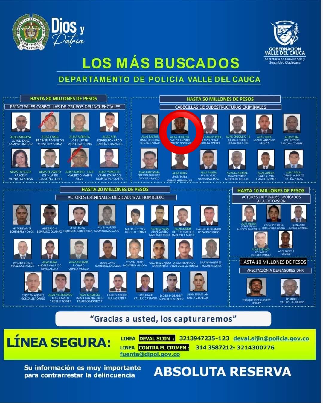 Con detención de alias &lsquo;Cholera&rsquo;, presunto integrante de &lsquo;Los Espartanos&rsquo;, ya son 22 capturados del Cartel de los más buscados