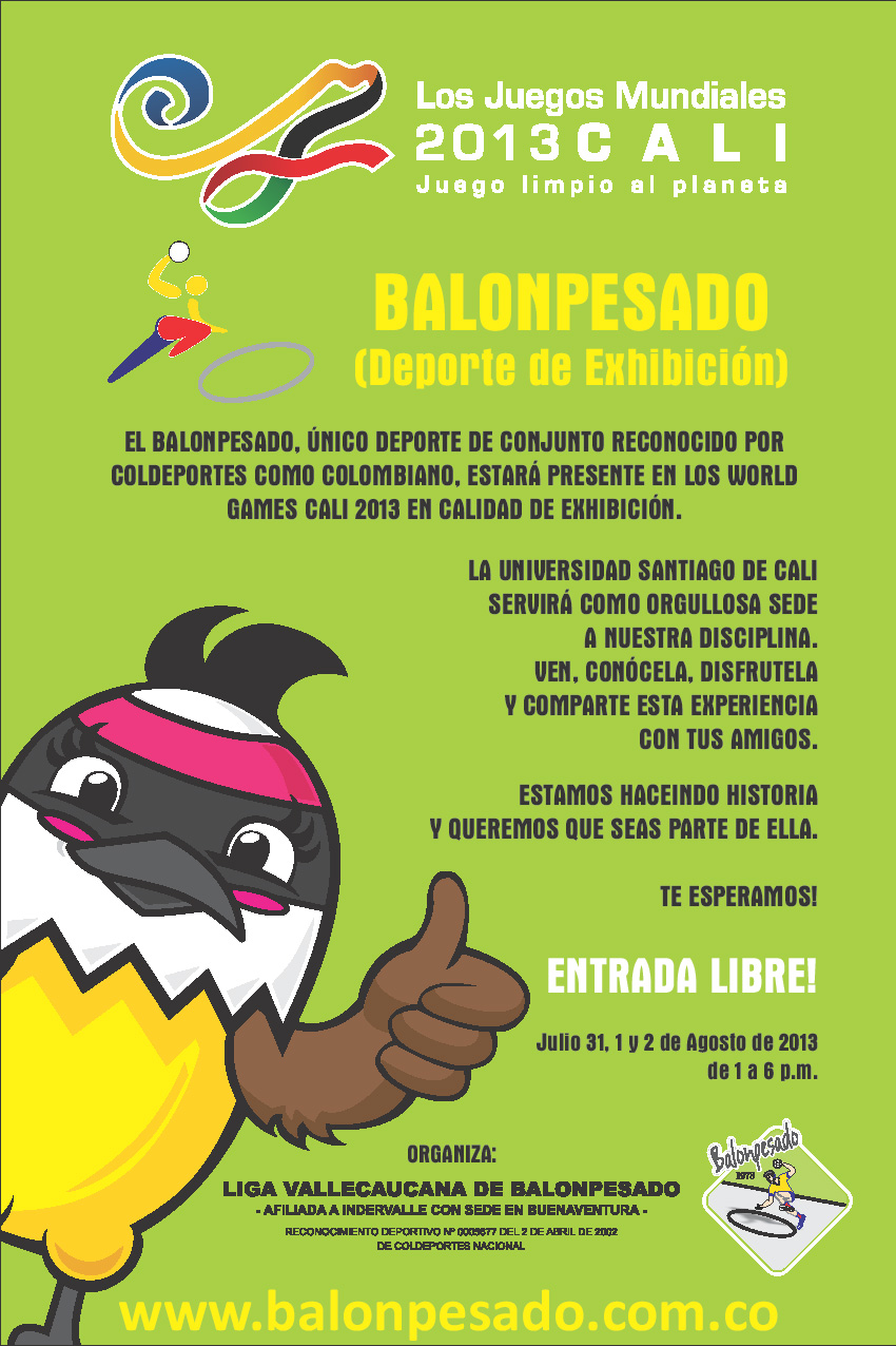 Programación del Campeonato de exhibición de Balonpesado en los World Games en Cali