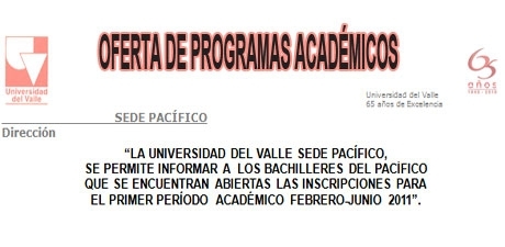 Inscripciones en Univalle Sede Pacífico, febrero - junio 2011