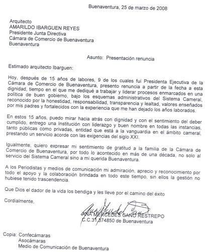 La Dra. Ana Mercedes Cano Restrepo presentó su renuncia a la Presidencia Ejecutiva de la Cámara de Comercio de Buenaventura
