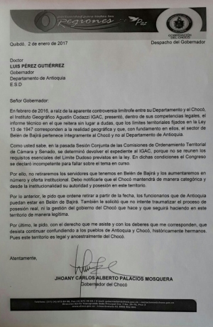 Carta del Gobernador del Chocó, a su homólogo de Antioquia sobre Belén de Bajirá