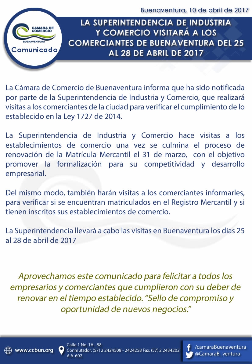 La Superintendencia de Industria y Comercio visitará a los comerciantes de Buenaventura del 25 al 28 de abril de 2017