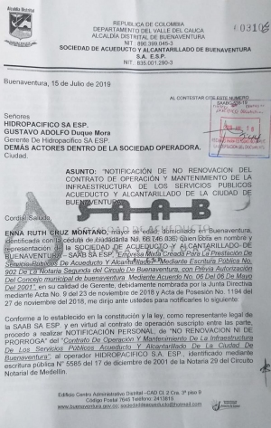La SAAB notificó a Hidropacífico la no renovación del contrato de operación del servicio de acueducto y alcantarillado de Buenaventura